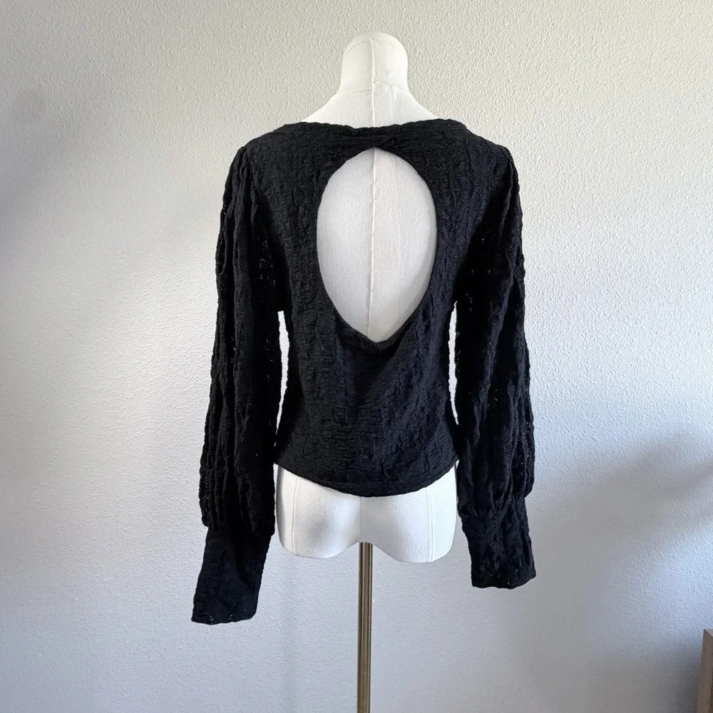 Free People Black Textured Puff Sleeve Open Back Top XL Boho Crinkle Blouse
